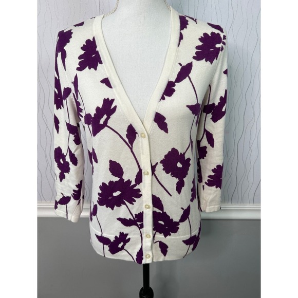 Ann Taylor‎ Floral Cardigan 3/4 Sleeve Button Front Knit Top Purple White Size M - Picture 1 of 9